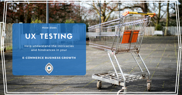 An empty shopping cart with the company logo and the word "testing" highlighting the importance of UX testing for online cart optimization